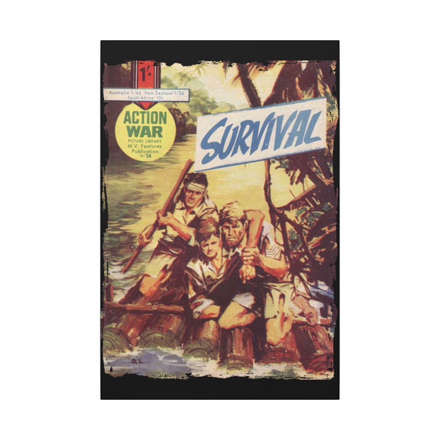 Close-up of the textured canvas surface displaying subtle brushstroke details of Action War #14 comic book print