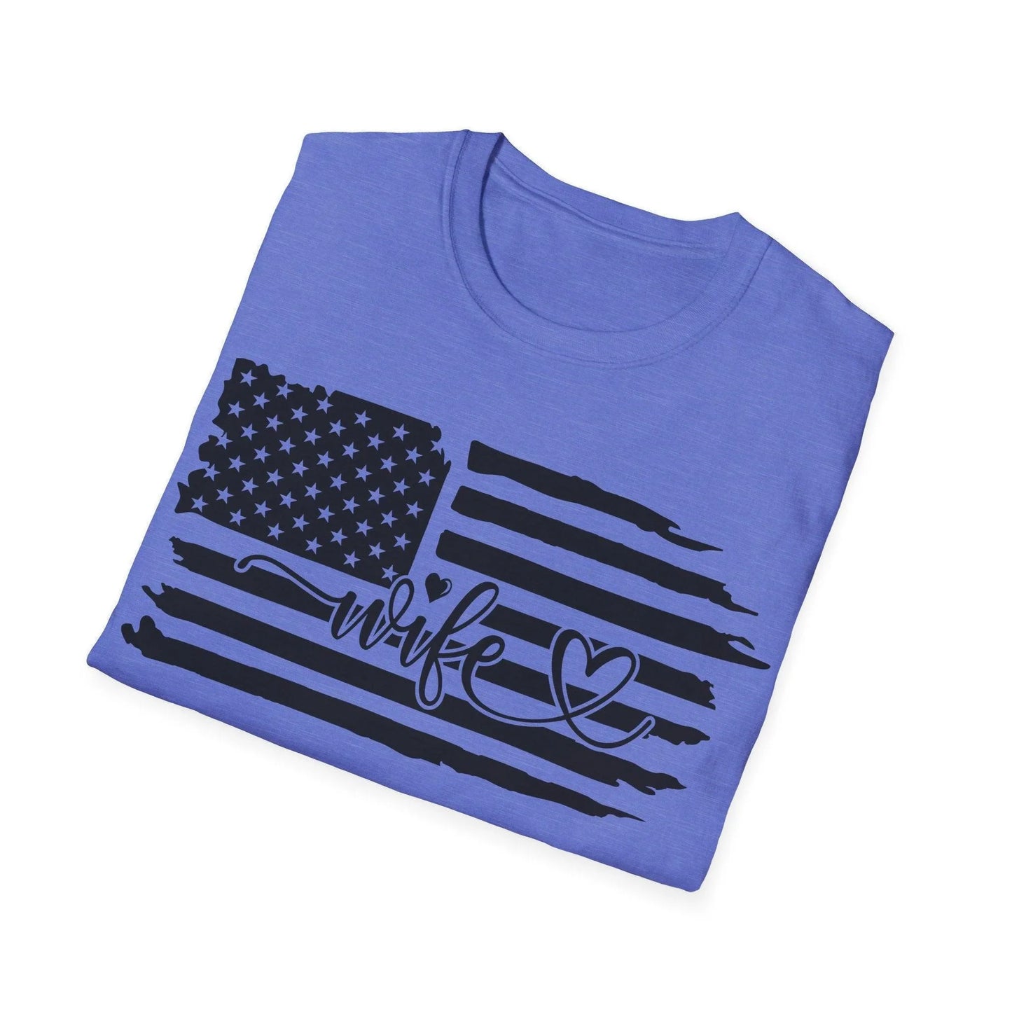 Close-up of distressed American flag black-and-white print on unisex softstyle T-shirt fabric, highlighting faded texture