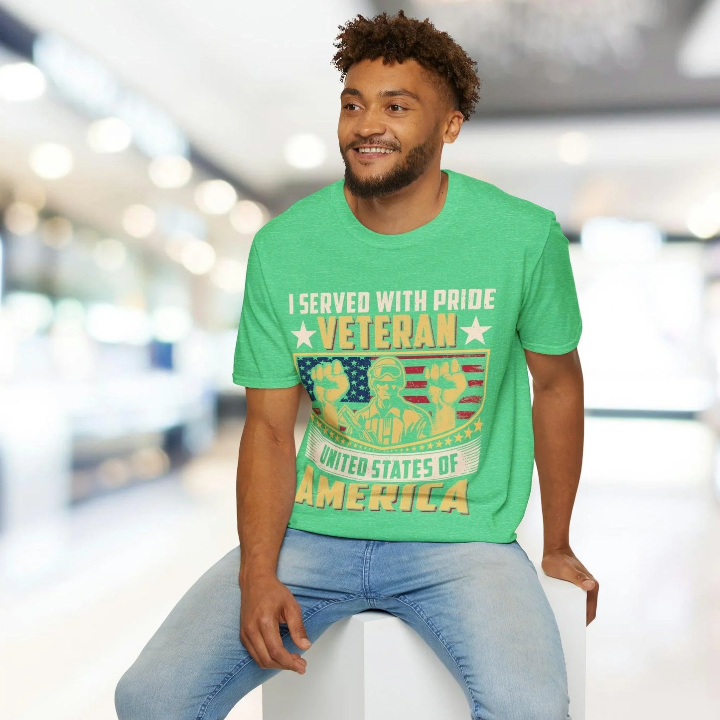 Close-up of the unisex t-shirt's front neckline showing the soft fabric and reinforced collar in navy blue color.