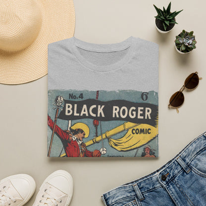 Close-up of the Black Roger No.4 T-shirt's reinforced neckline stitching and smooth fabric texture from a slight top-down