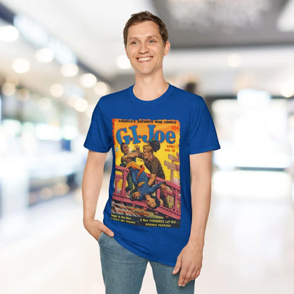 Close-up of the unisex softstyle T-shirt's vibrant red fabric showing smooth texture and subtle heather pattern at the crew