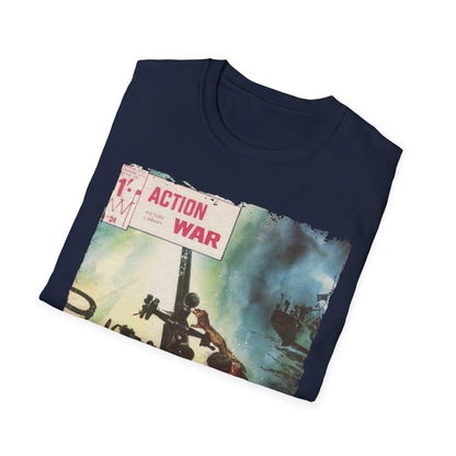 Close-up of the unisex softstyle T-shirt's collar showing subtle stitching and relaxed fit around the neckline in deep navy