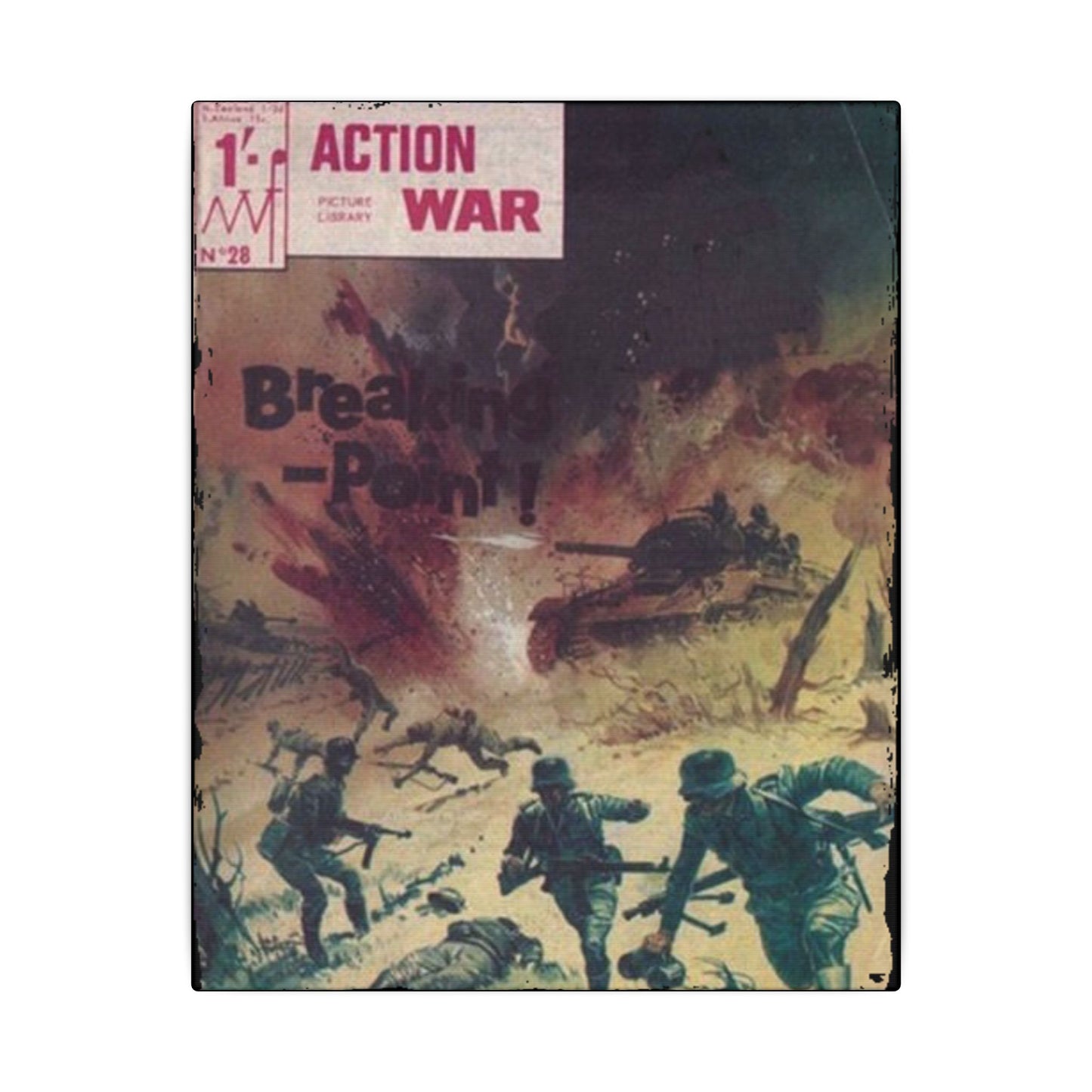 Close-up of the Canvas texture on Action War #28, highlighting vibrant printed details and subtle brushstroke finish
