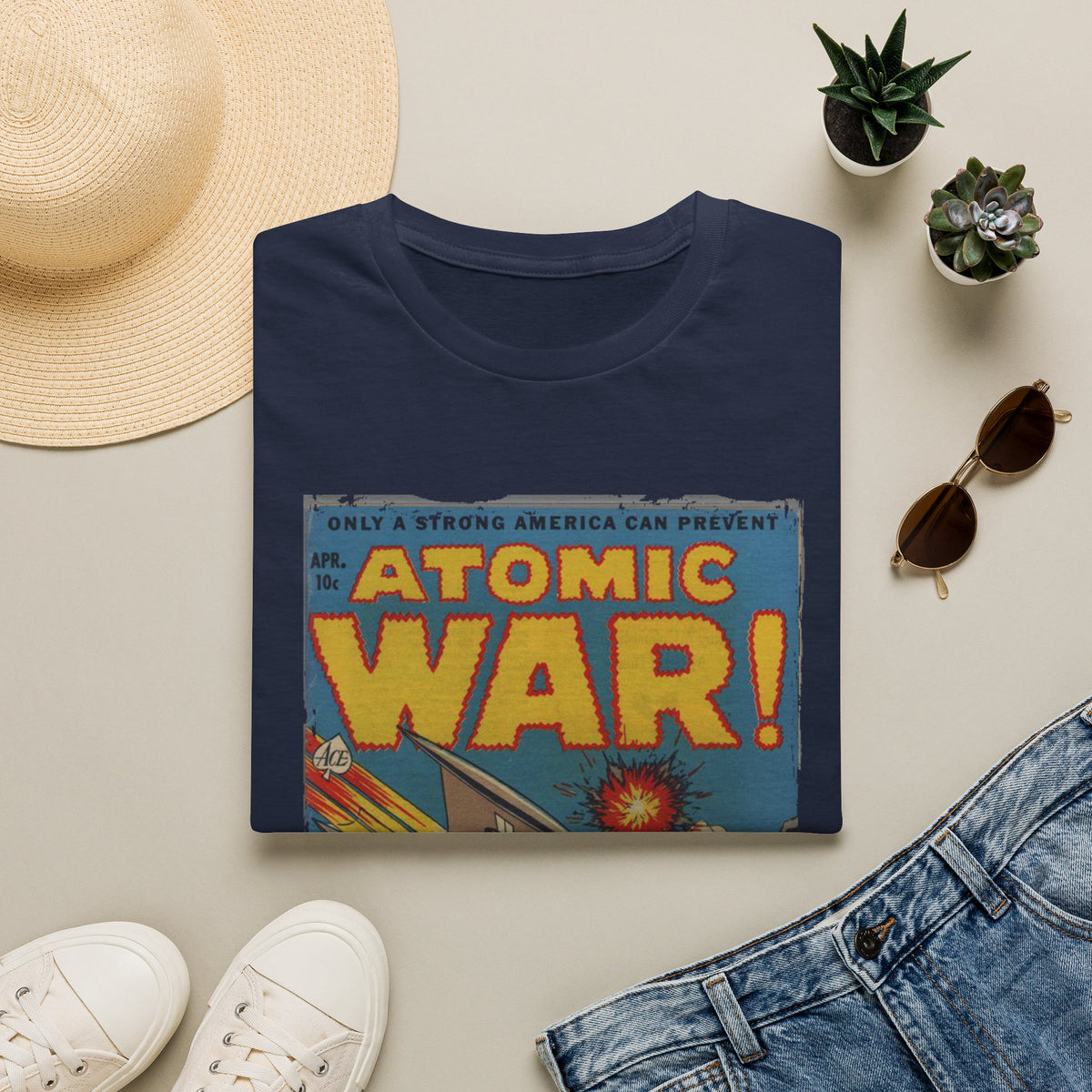 Close-up of the unisex softstyle T-shirt collar featuring reinforced stitching and a subtle atomic-themed print detail at