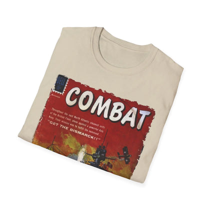 Close-up of the combat graphic print on the front chest area, highlighting the vibrant ink on lightweight black cotton