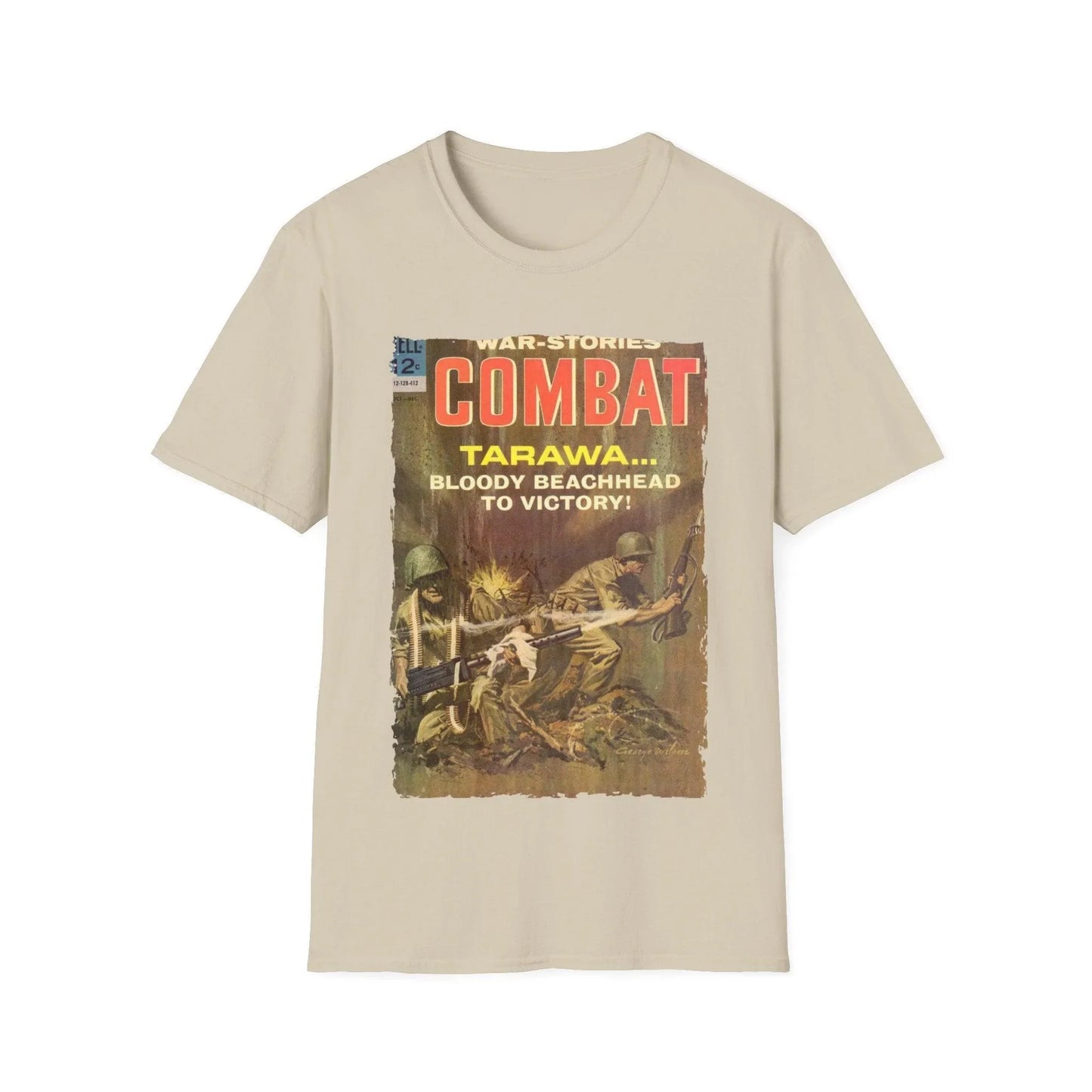 Unisex slim fit combat print T-shirt displayed from neckline to chest, highlighting the soft cotton fabric and detailed