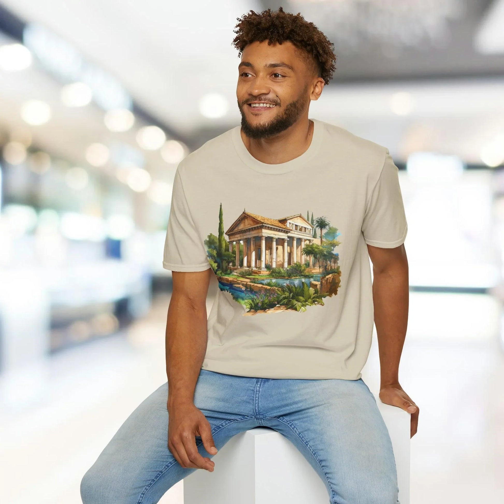 Close-up of the unisex softstyle T-shirt's back neckline featuring a small woven label and subtle stitching detail in