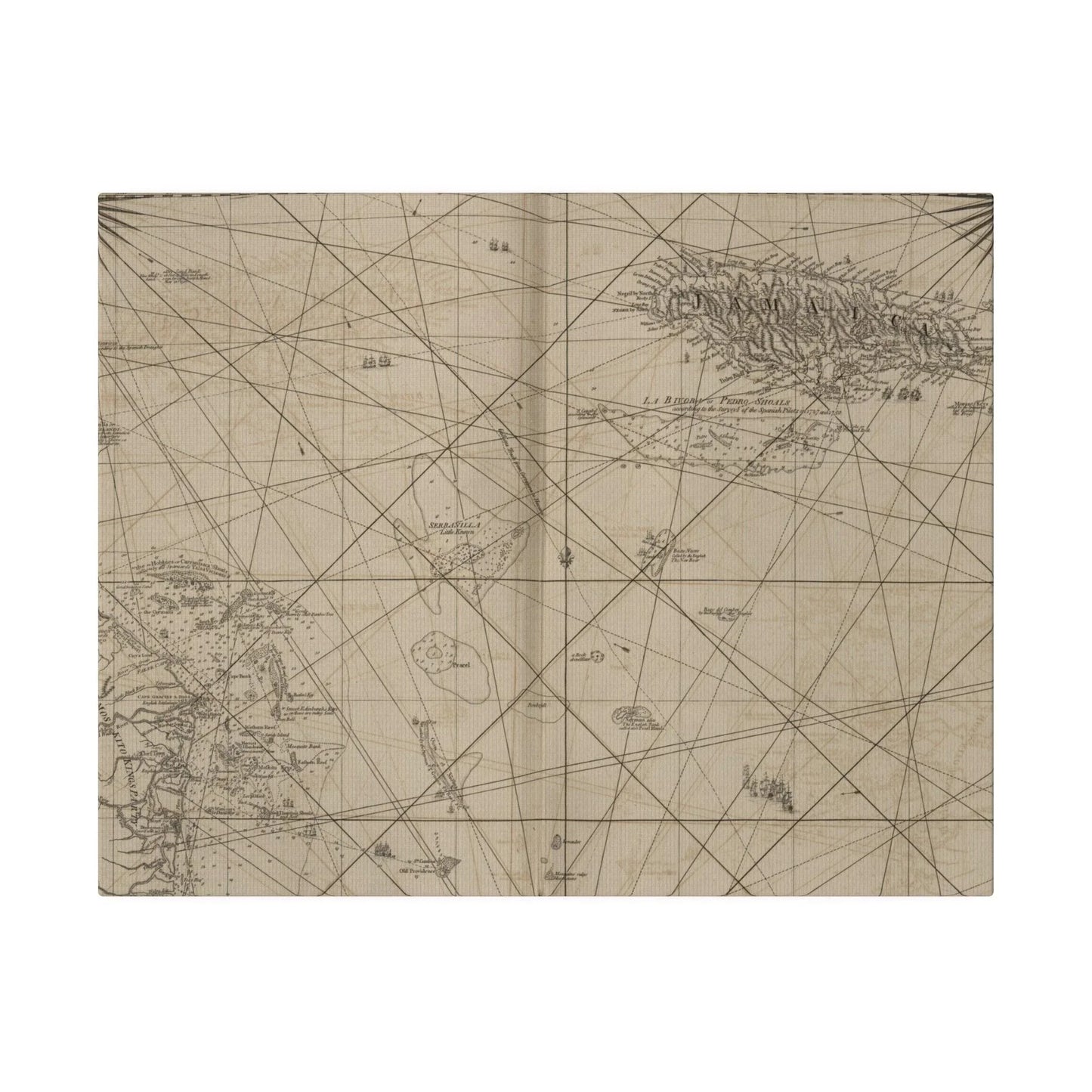 Detailed view of the vibrant nautical map detail highlighting Jamaica and Cape Gracias a Rios with textured canvas surface