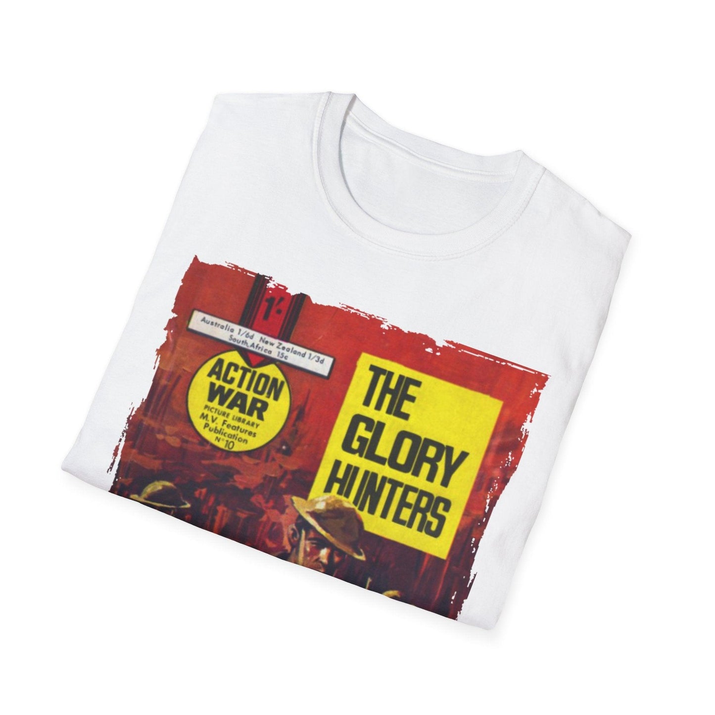 Close-up of the unisex softstyle T-shirt collar featuring reinforced stitching and a small action war logo tag on light