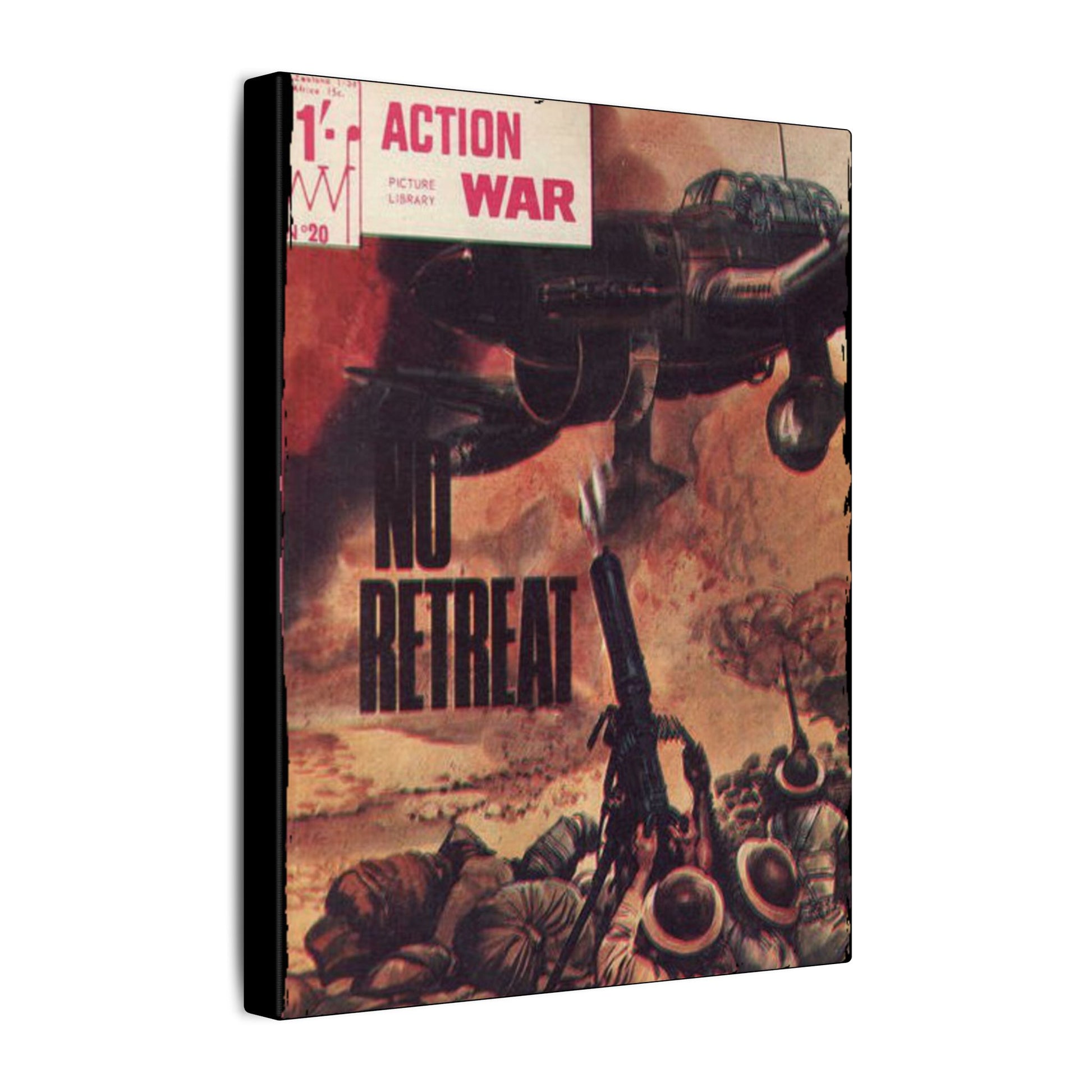 Close-up of the textured canvas fabric with visible weave detail and subtle brushstroke patterns on Action War #20 artwork.