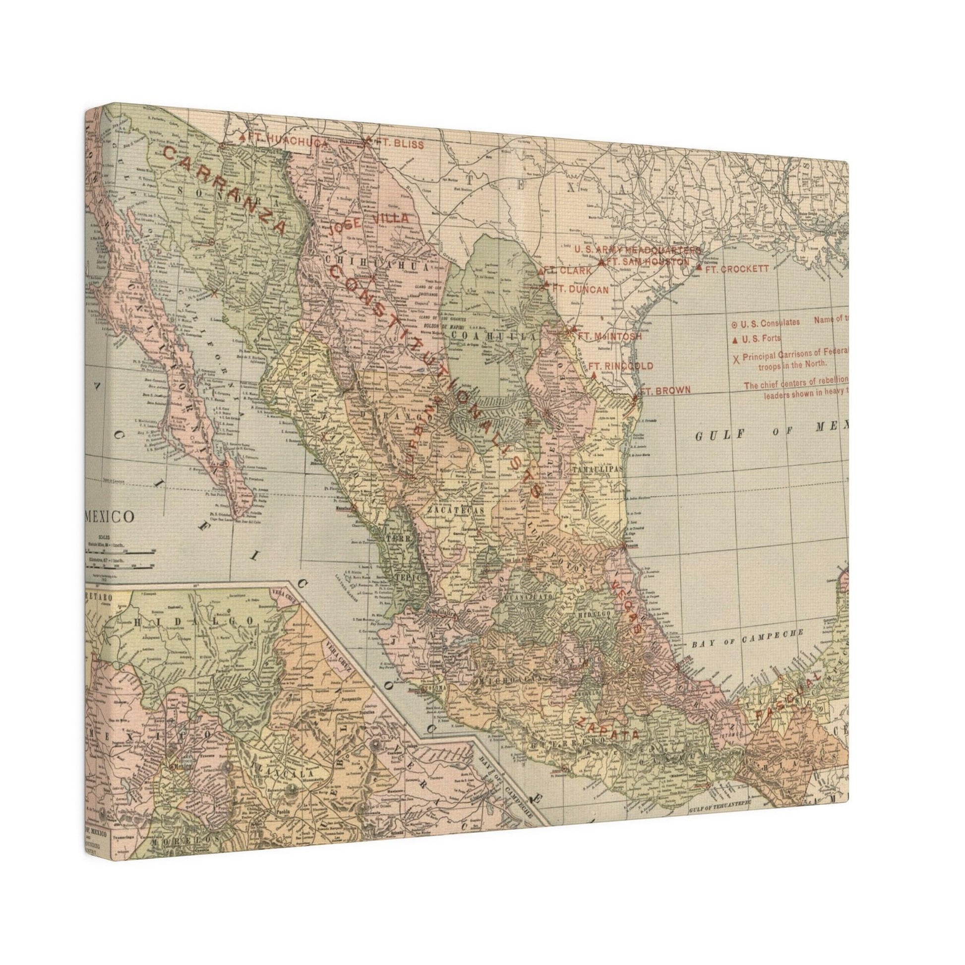 Close-up of the textured canvas surface highlighting vibrant paint strokes and fine details of the Mexican Revolution 1913