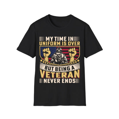 Printify unisex softstyle T-shirt with "Being A Veteran Never Ends" slogan, cotton fabric, crew neck, regular fit, black
