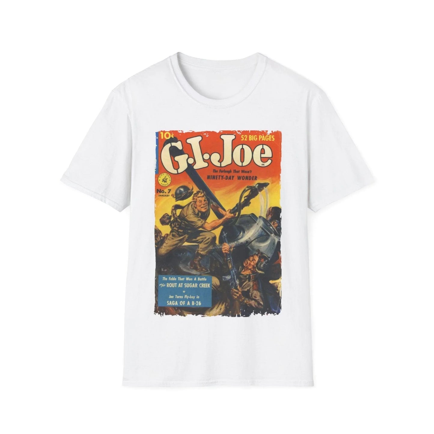 Close-up of the G.I. Joe No.7 unisex softstyle T-shirt's vibrant navy color and smooth cotton fabric texture from a slightly