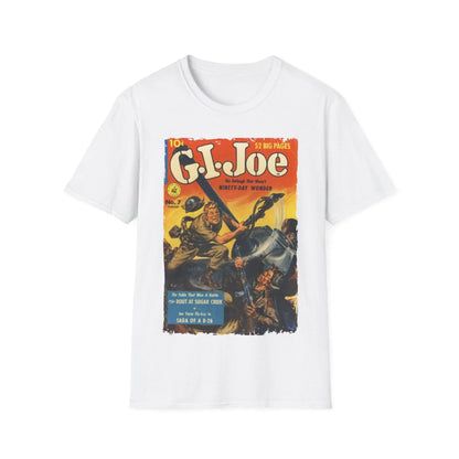 Close-up of the G.I. Joe No.7 unisex softstyle T-shirt's vibrant navy color and smooth cotton fabric texture from a slightly