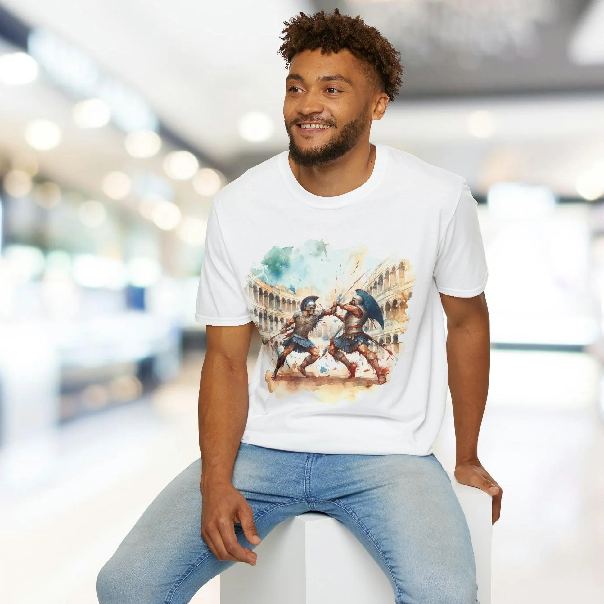 Close-up of the vintage gladiator illustration on the chest of the slate gray unisex softstyle T-shirt, highlighting