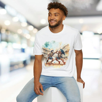 Close-up of the vintage gladiator illustration on the chest of the slate gray unisex softstyle T-shirt, highlighting