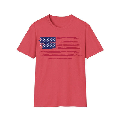 Close-up of the distressed American flag pattern on the relaxed fit cotton T-shirt's neckline and sleeve seam detail.