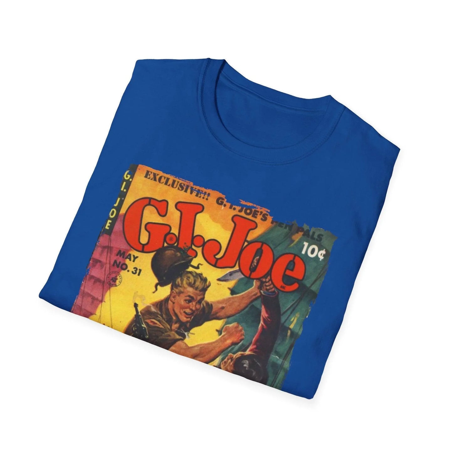 Close-up of the G.I. Joe No.31 unisex softstyle T-shirt’s navy fabric displaying smooth texture and reinforced stitching at