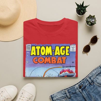 Close-up of the Atom-Age Combat No.2 T-shirt's neckline stitching and soft fabric texture in olive green from a front-angle