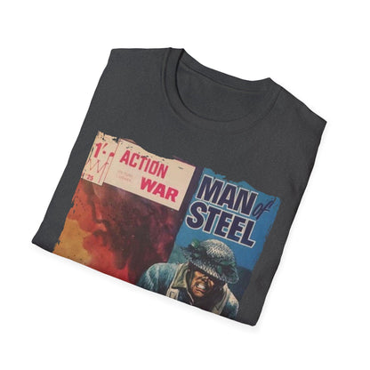 Close-up of the charcoal gray relaxed fit T-shirt’s neckline and subtle stitching detail on the collar seam.