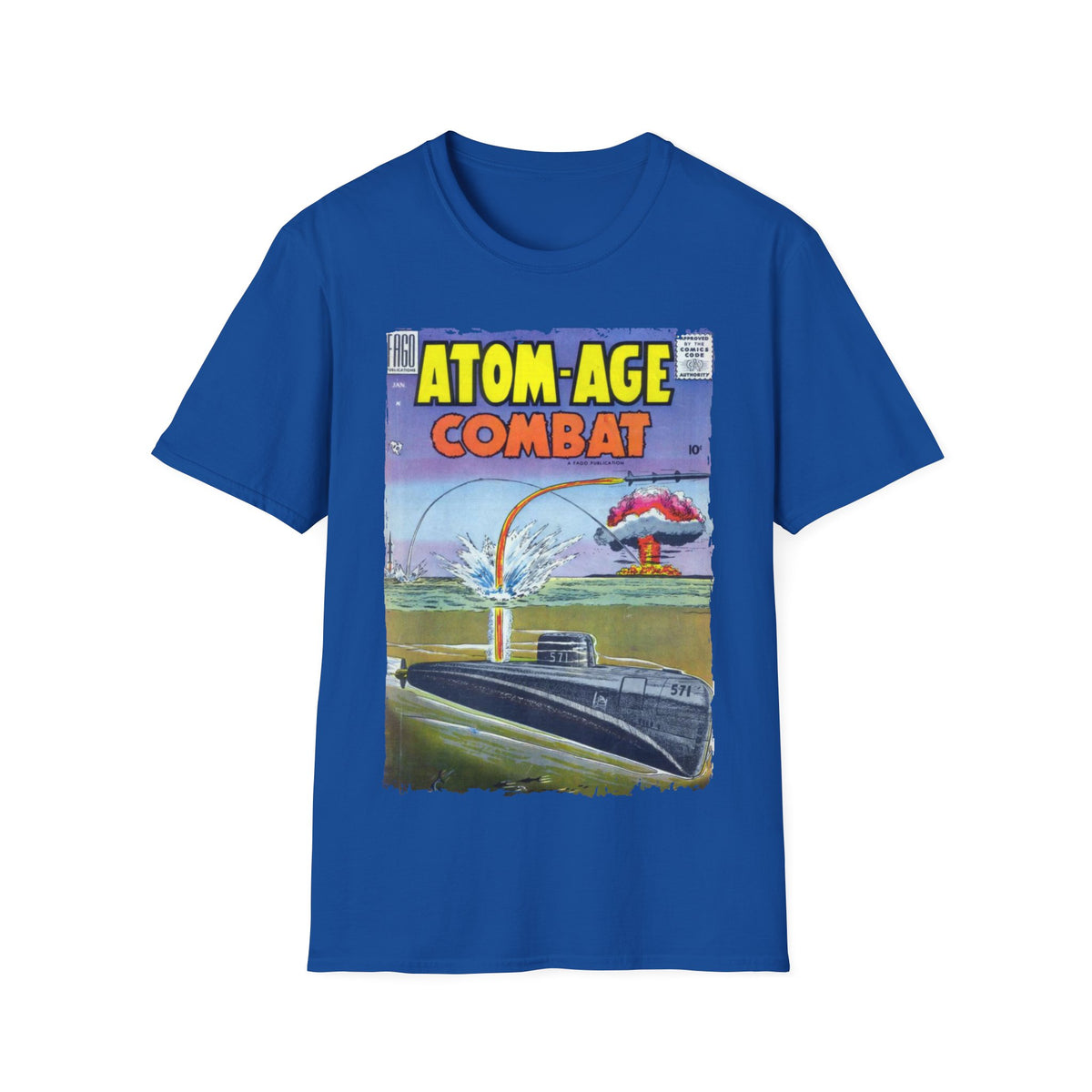 Close-up of the Atom-Age Combat No.2 T-shirt collar featuring reinforced crew neckline and smooth cotton blend fabric in