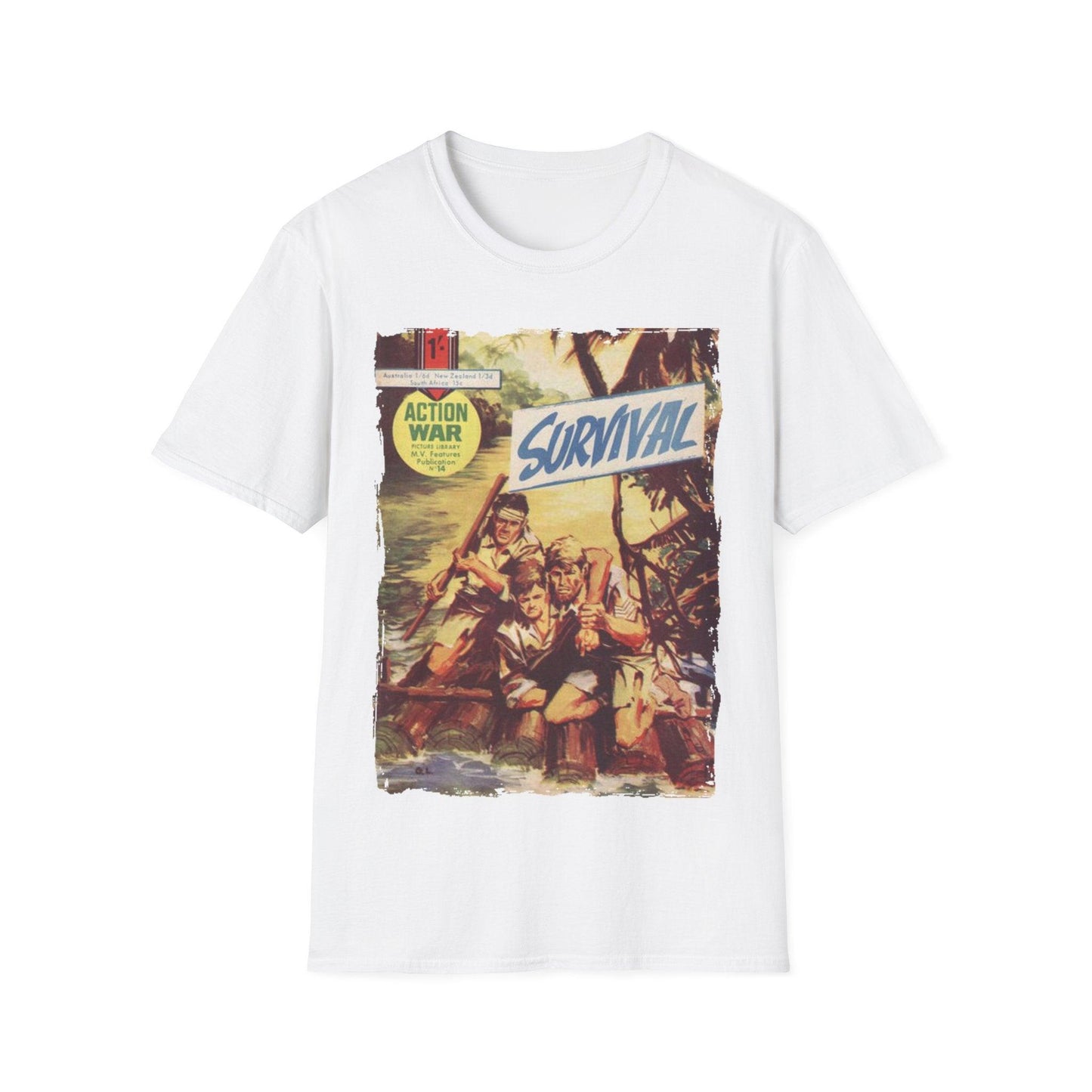 Close-up of the unisex softstyle T-shirt's subtle heather gray fabric and relaxed fit collar from a slightly elevated angle