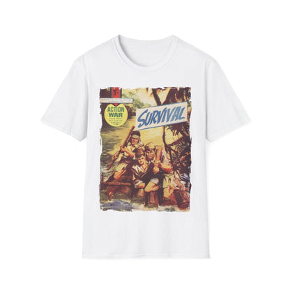 Close-up of the unisex softstyle T-shirt's subtle heather gray fabric and relaxed fit collar from a slightly elevated angle