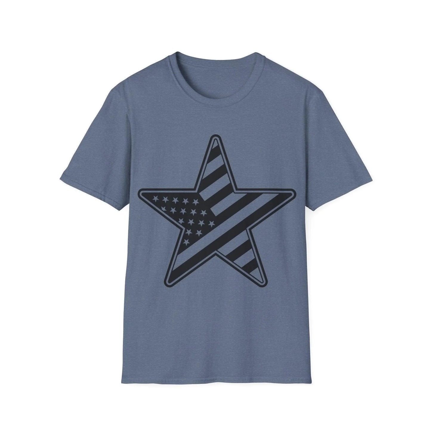 Close-up of the American Flag Star B&W T-Shirt's ribbed crew neckline with visible stitching and smooth black fabric details.