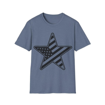 Close-up of the American Flag Star B&W T-Shirt's ribbed crew neckline with visible stitching and smooth black fabric details.