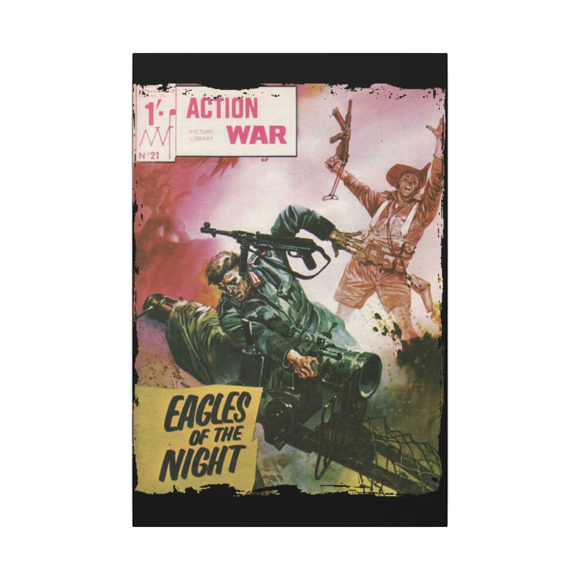 Close-up of the textured canvas surface highlighting detailed brushstroke patterns and vibrant color accents on the Action