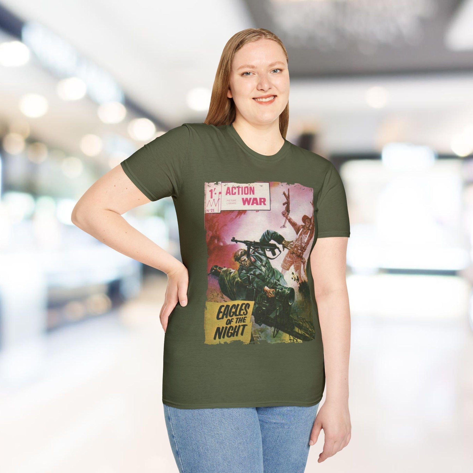 Close-up of the unisex softstyle T-shirt’s smooth cotton fabric, showcasing the vibrant green color and slim fit from a