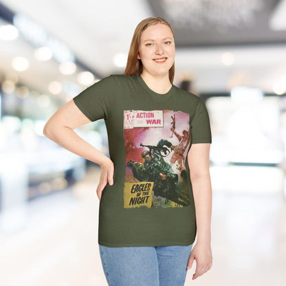 Close-up of the unisex softstyle T-shirt’s smooth cotton fabric, showcasing the vibrant green color and slim fit from a