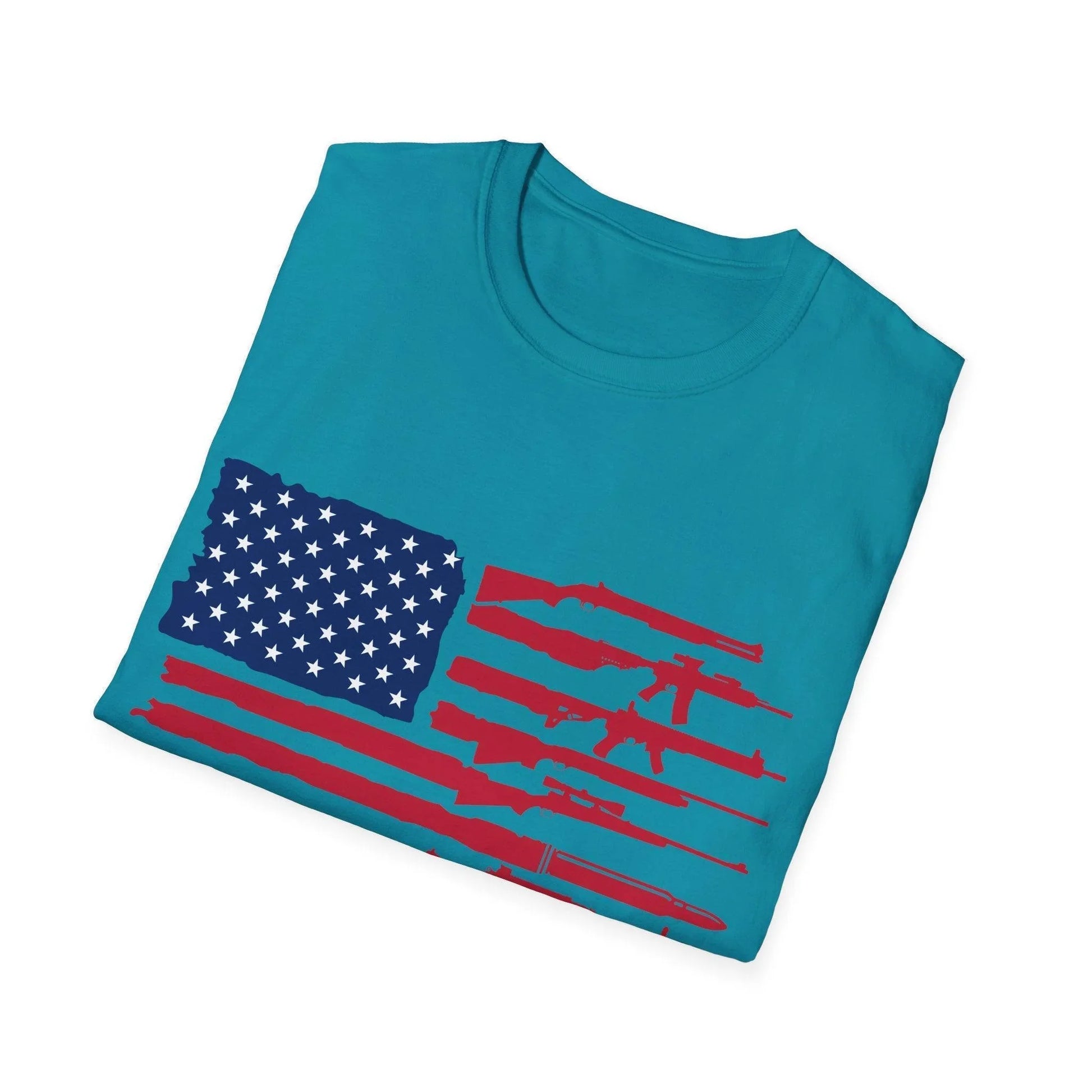 Close-up of the American Flag Guns graphic on the chest of the soft cotton T-shirt, highlighting vibrant colors and detailed