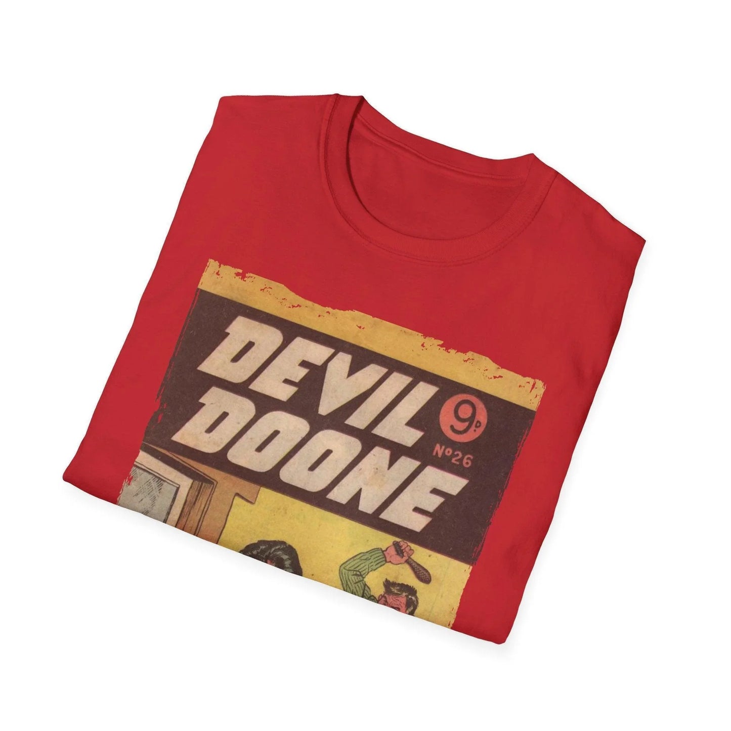 Close-up of the Devil Doone No.26 unisex softstyle T-shirt's relaxed fit and deep navy color, showing subtle fabric texture