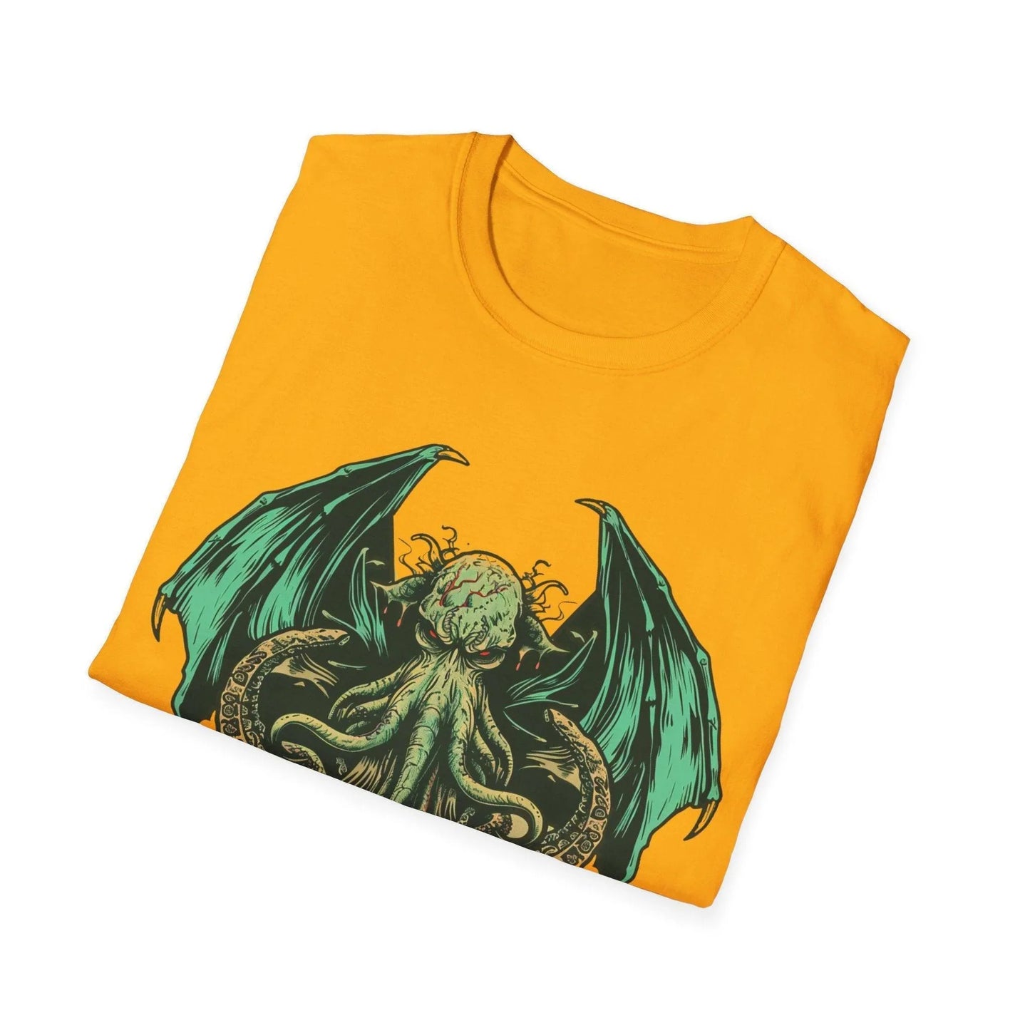 Close-up of the black Cthulhu unisex T-shirt fabric highlighting smooth cotton blend texture and subtle stitching details