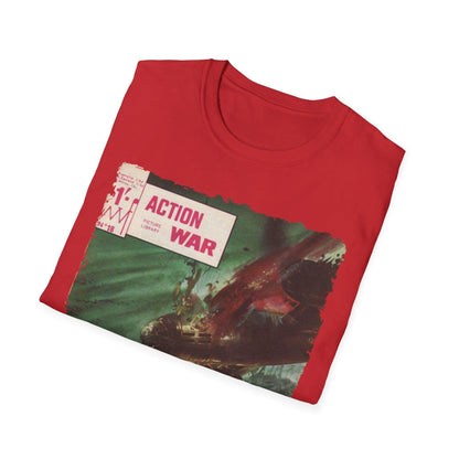 Close-up of the unisex softstyle T-shirt neckline showing color-matched stitching and smooth fabric texture from a front