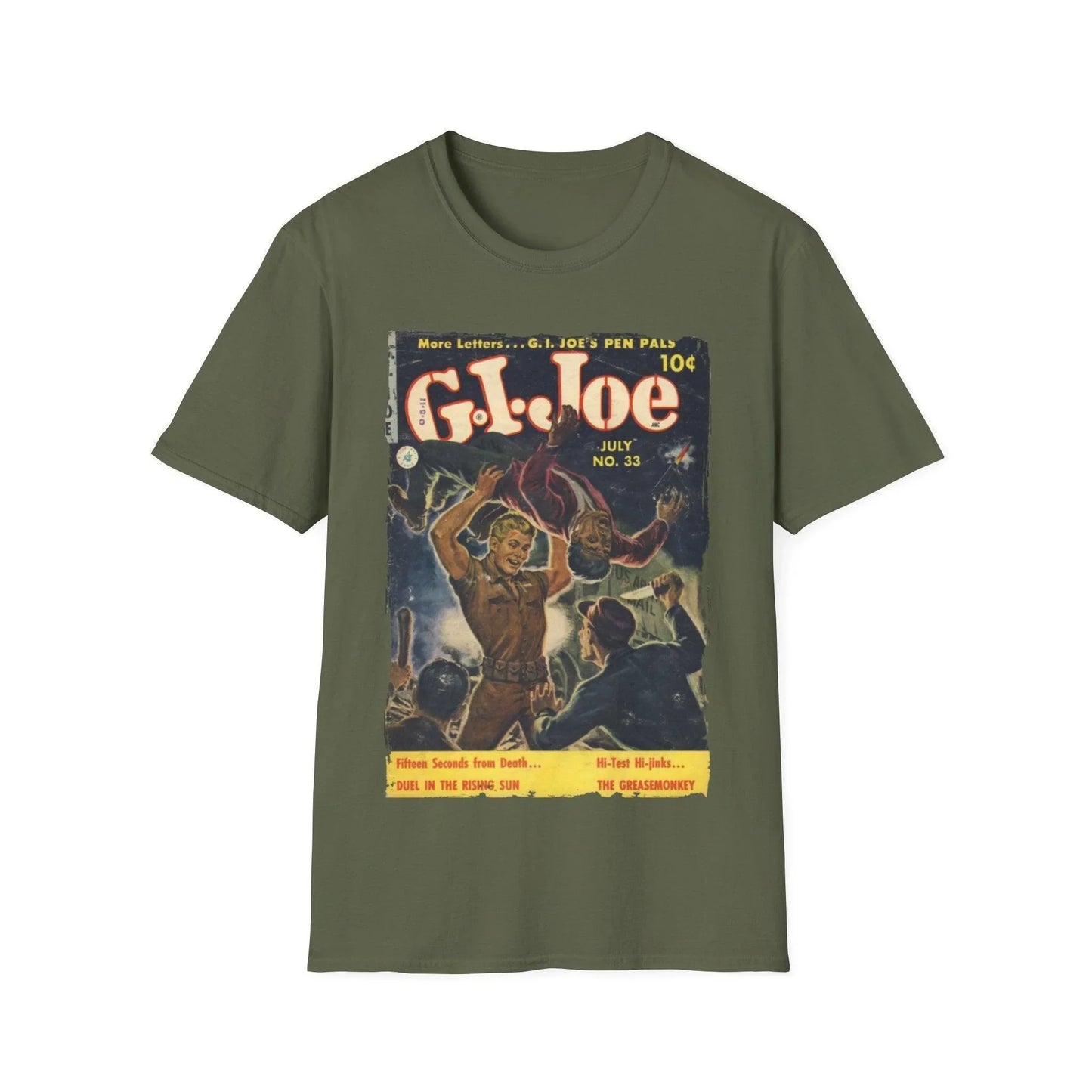 Close-up of the G.I. Joe No.33 unisex softstyle T-shirt's red fabric texture and relaxed fit at the sleeve cuff detail.