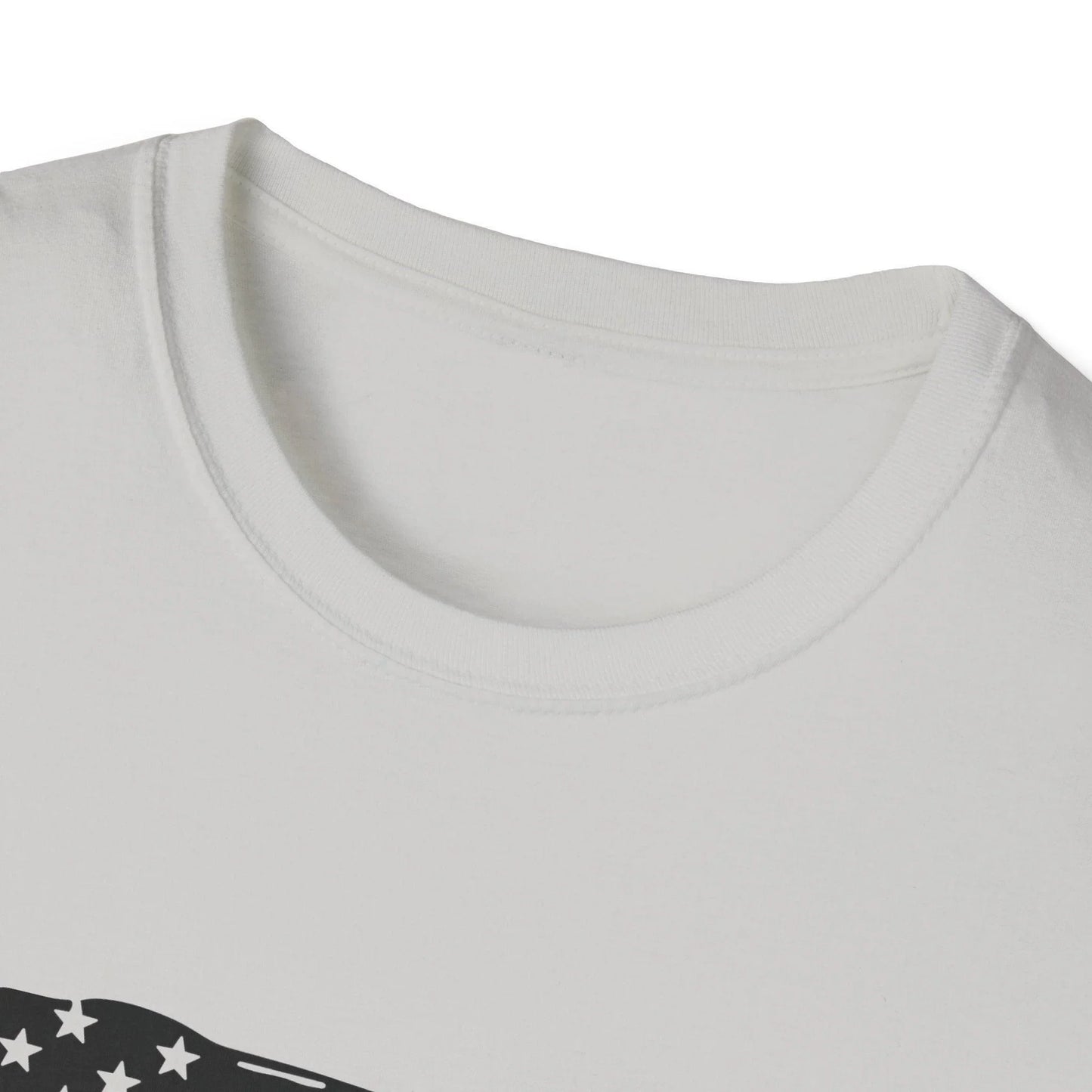 Close-up of the distressed black and white flag heartbeat design on the chest of the unisex softstyle T-shirt, highlighting