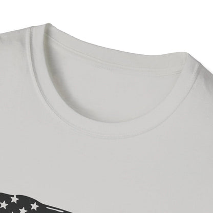 Close-up of the distressed black and white flag heartbeat design on the chest of the unisex softstyle T-shirt, highlighting