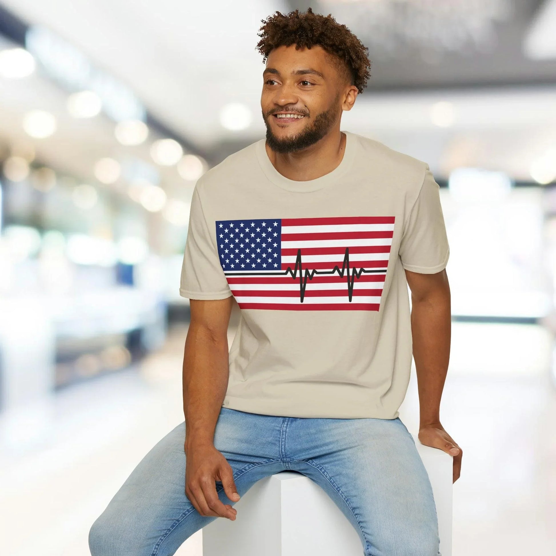 Rear neckline showing contrast stitching and fabric tag on unisex American Flag Heartbeat softstyle T-shirt in relaxed fit