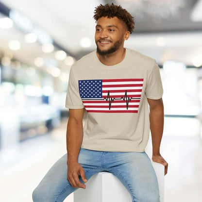Rear neckline showing contrast stitching and fabric tag on unisex American Flag Heartbeat softstyle T-shirt in relaxed fit
