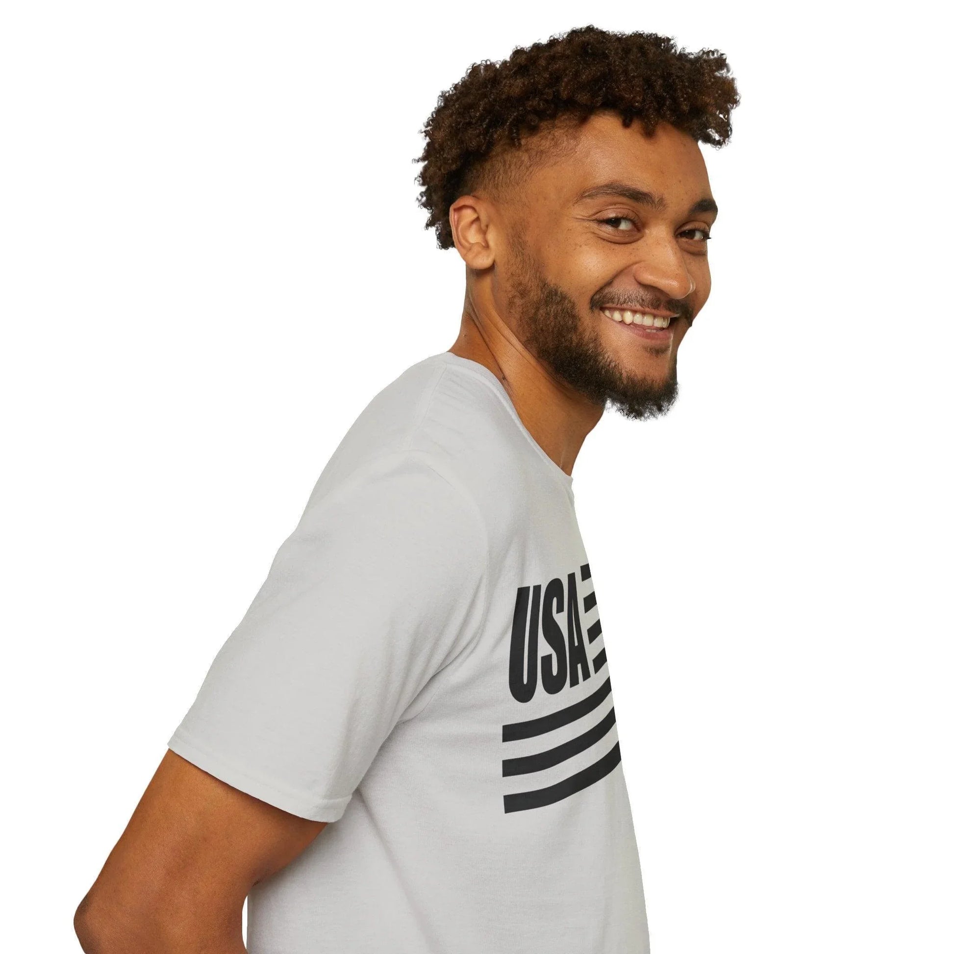 Close-up of the black-and-white American flag print emphasizing crisp fabric texture and subtle distressed pattern on the