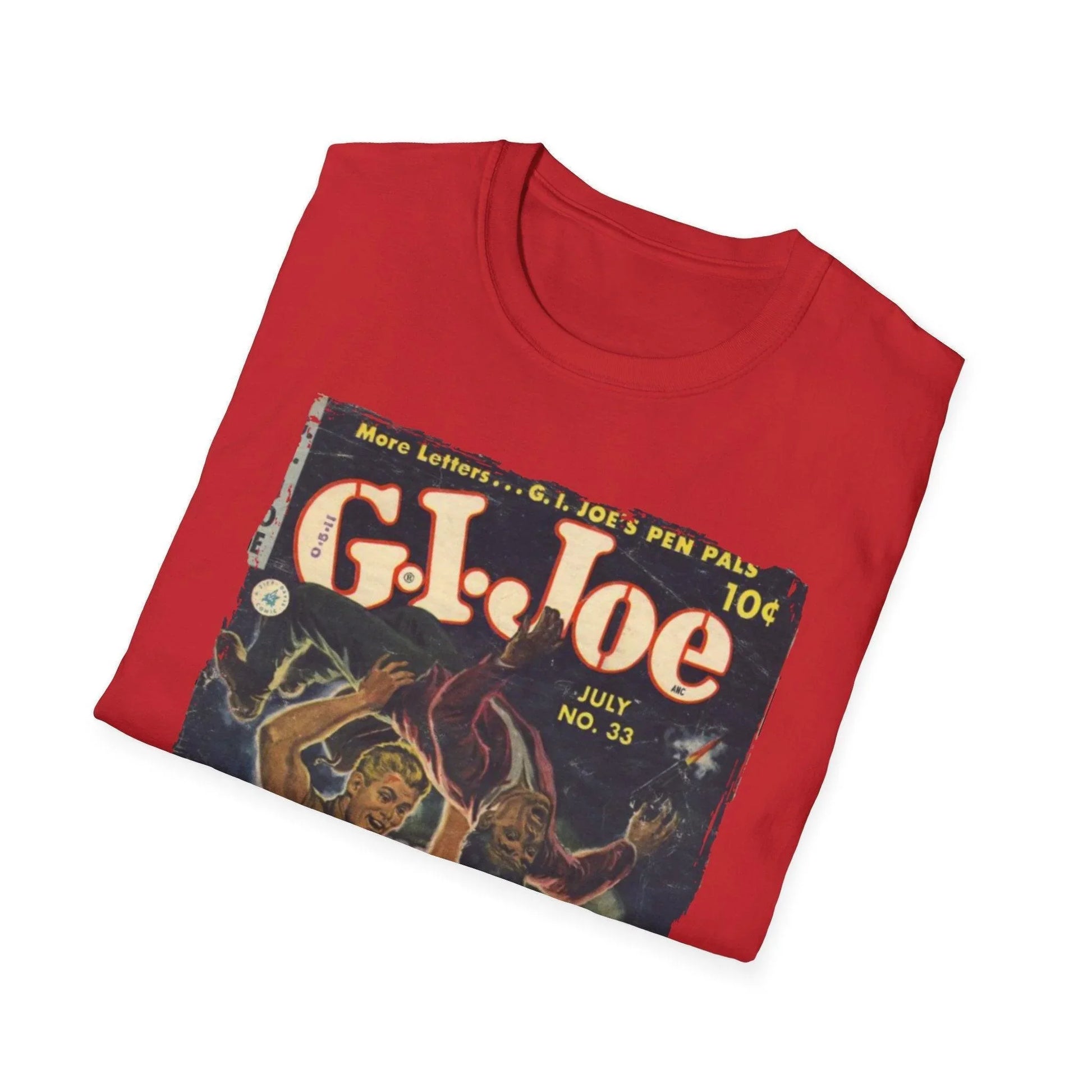 Close-up of the G.I. Joe No.33 softstyle fabric tag sewn into the relaxed fit, light heather gray T-shirt's neckline detail