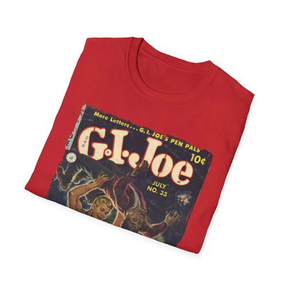 Close-up of the G.I. Joe No.33 softstyle fabric tag sewn into the relaxed fit, light heather gray T-shirt's neckline detail