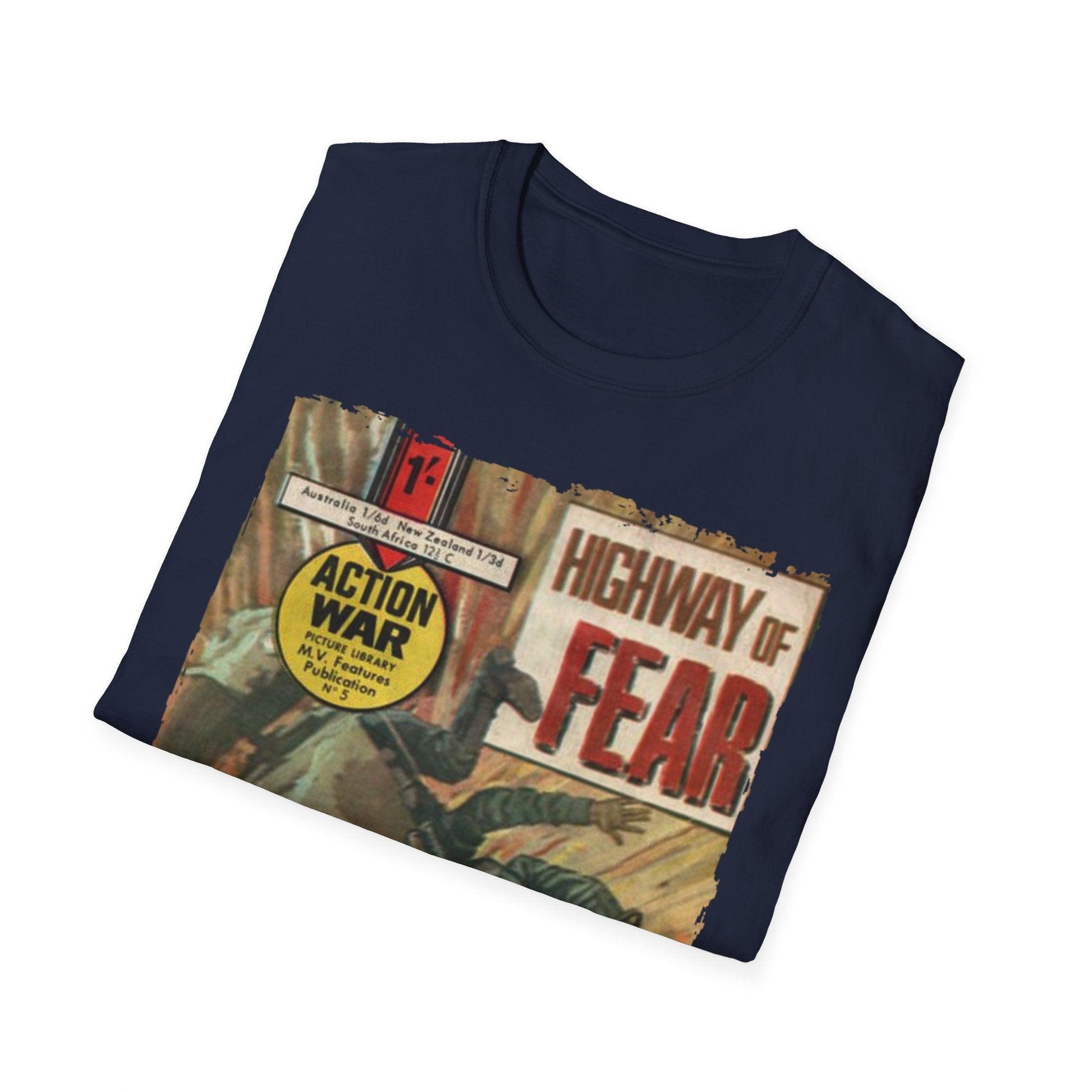 Close-up of the unisex softstyle fabric showing the smooth, relaxed fit and vibrant navy color with a crew neckline and