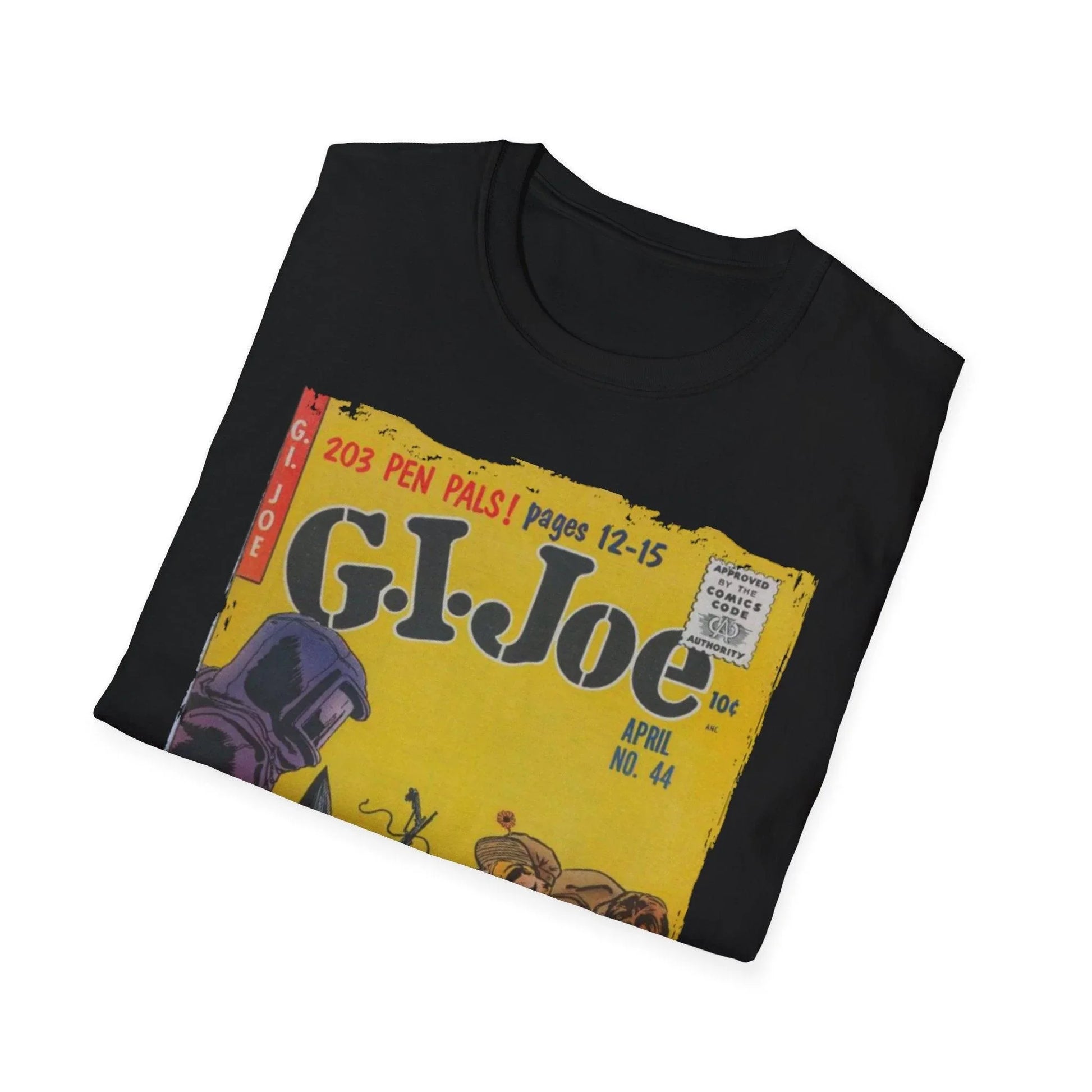 Close-up of the G.I. Joe No.44 T-shirt’s neckline showing reinforced stitching and smooth cotton-blend fabric in heather gray