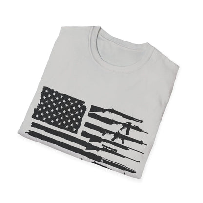 Close-up of the American flag Guns B&W graphic on the chest of the relaxed-fit black unisex softstyle t-shirt, highlighting