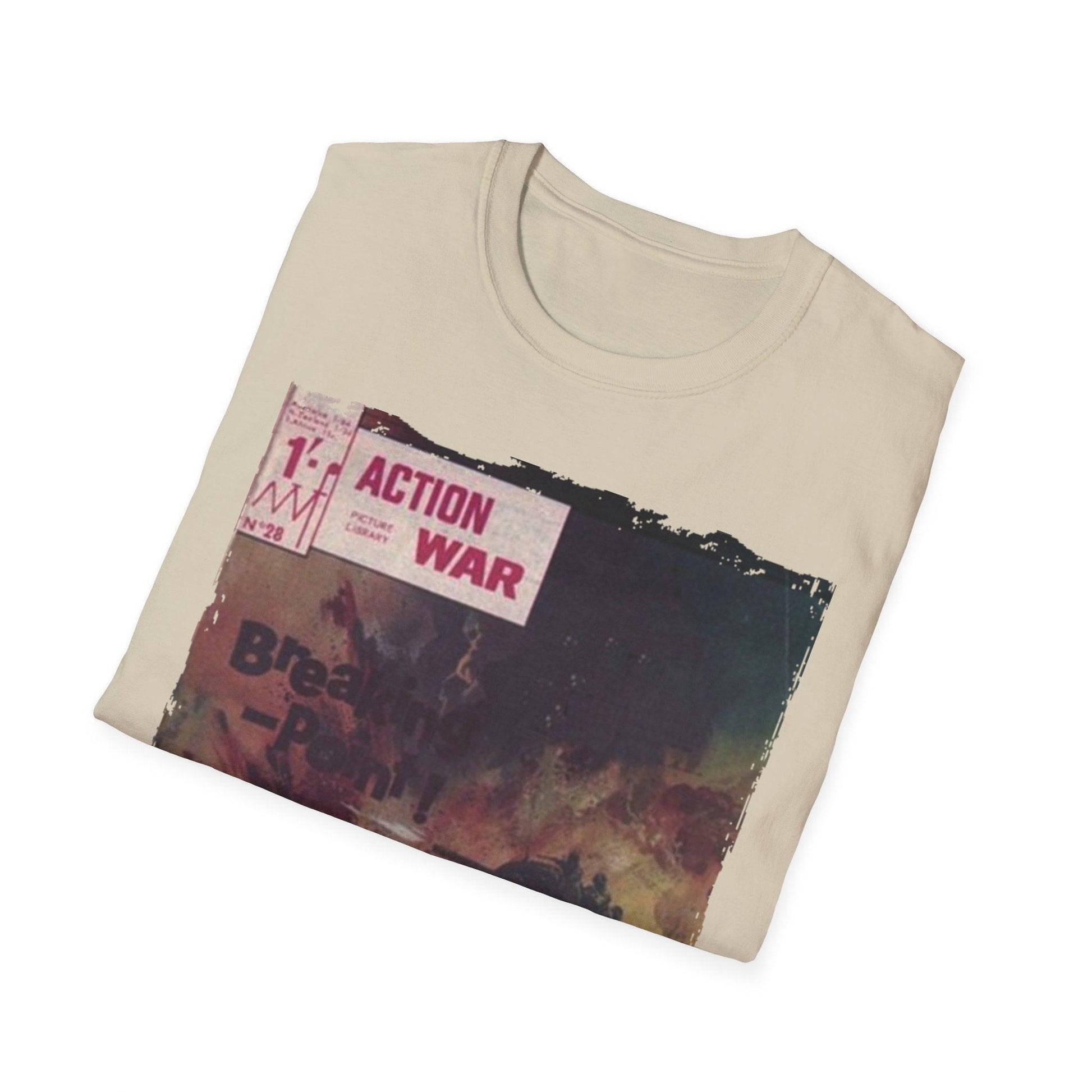 Close-up of the unisex softstyle T-shirt fabric highlighting the smooth, relaxed fit and vibrant royal blue color from a