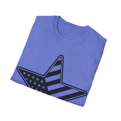 Close-up of the black-and-white American flag star graphic on the soft, crew neckline of the unisex fitted T-shirt fabric.