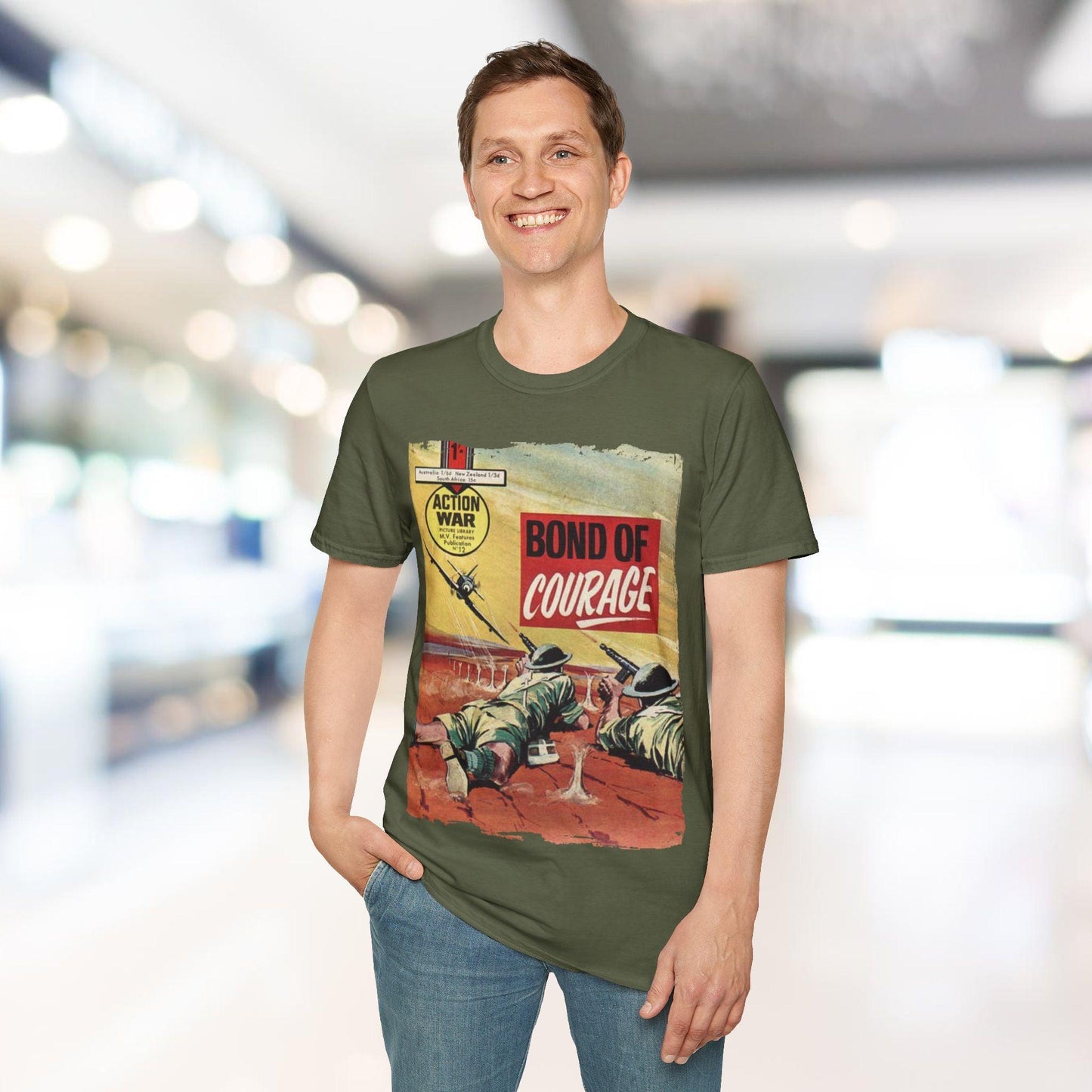 Close-up of the soft cotton fabric's subtle texture and stitched neckline detail on the relaxed fit unisex T-shirt in olive